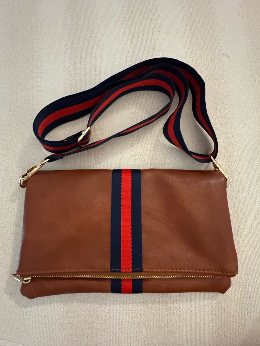 Aspen Lane Brown Crossbody Bag with Navy and Red Stripe - Women's Crossbody